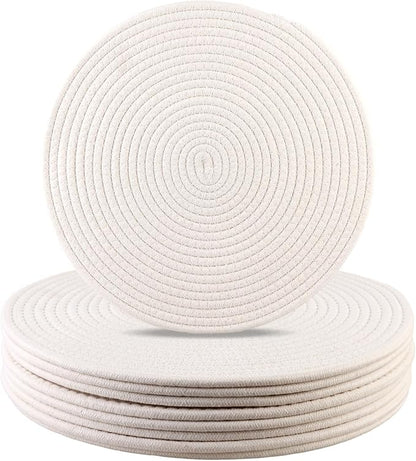 Round Woven Placemats Set of 8 Heat Resistant Placemats 13.5 Inches Farmhouse Cotton Rope Place Mats for Dining Tables Trivets for Hot Dishes, White