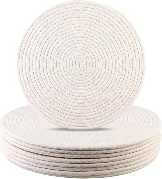 Round Woven Placemats Set of 8 Heat Resistant Placemats 13.5 Inches Farmhouse Cotton Rope Place Mats for Dining Tables Trivets for Hot Dishes, White
