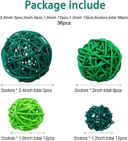 Patelai 36 Pcs Wicker Rattan Balls Decorative Balls for Vase Centerpiece Bowls Orbs Filler for Home Decor,4 Sizes (Dark Green, Grass Green, Fluorescent Green,2.4'',2'',1.6'',1.2'')