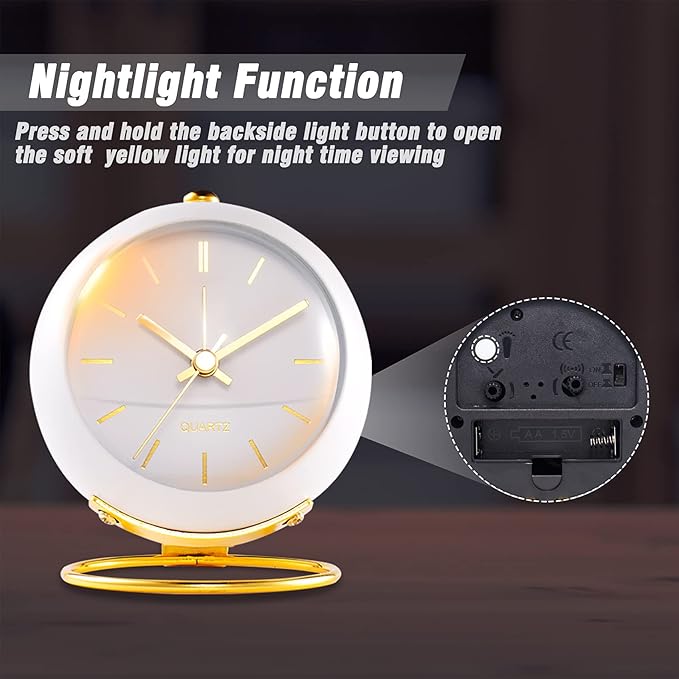 AYRELY® Battery Operated Desk Alarm Clocks with Light,Retro Silent No Ticking Analog Small Clock,Loud Table Clock for Bedside/Bedroom/Kitchen/Office/Travel/Kids/Room Decor Aesthetic Vintage(White)