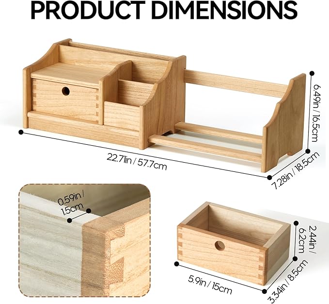 KIRIGEN Desktop Adjustable Organizer Storage Book Shelf with Drawer Wooden Desk Bookcase Workplace Storage Station Expandable Book Rack Fully Assembled SSSJ-S-NA