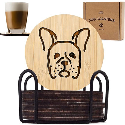 Set of 6 Bamboo Laser-Engraved Fun Dog Coasters with Iron Holder - Gift Packaging 3.9 Inch Non-Stick Absorbent Durable and Unbreakable Wooden Cup Coasters for Dog Lovers (French Bulldog)