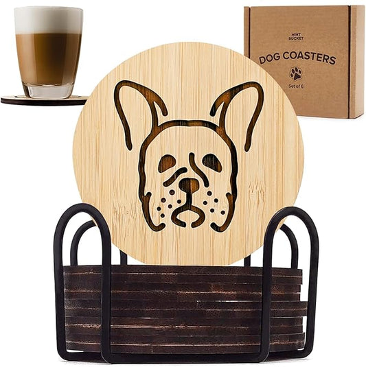 Set of 6 Bamboo Laser-Engraved Fun Dog Coasters with Iron Holder - Gift Packaging 3.9 Inch Non-Stick Absorbent Durable and Unbreakable Wooden Cup Coasters for Dog Lovers (French Bulldog)
