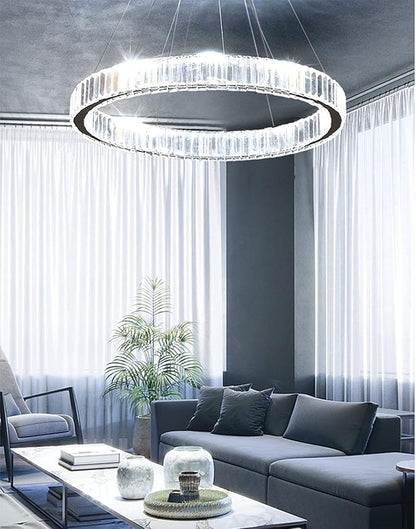 Modern Crystal Chandeliers Dimmable LED 20inch Ring Chandelier with Remote, Round Crystal Pendant Light for Kitchen Dining Room Living Room Bedroom