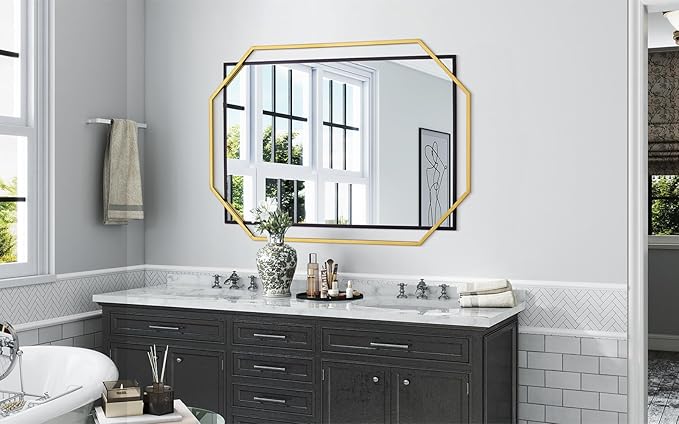 48.5"x32.5" Large Bathroom Mirror, Black and Gold Living Room Wall Mirror, with Decorative Metal Frame, Dining Room, Entryway