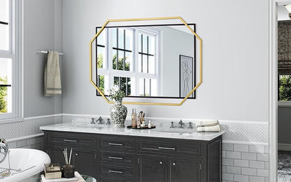 48.5"x32.5" Large Bathroom Mirror, Black and Gold Living Room Wall Mirror, with Decorative Metal Frame, Dining Room, Entryway