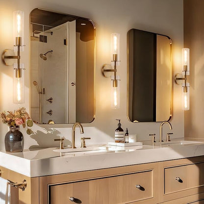 Brass Gold 2-Light Knurled Wall Sconce, Dual-Head Vanity Lamp Set of Two with Clear Glass Tube, Bathroom Wall Sconces, Wall Lights for Living Room Bedroom Hallway Kitchen Bathroom Mirror