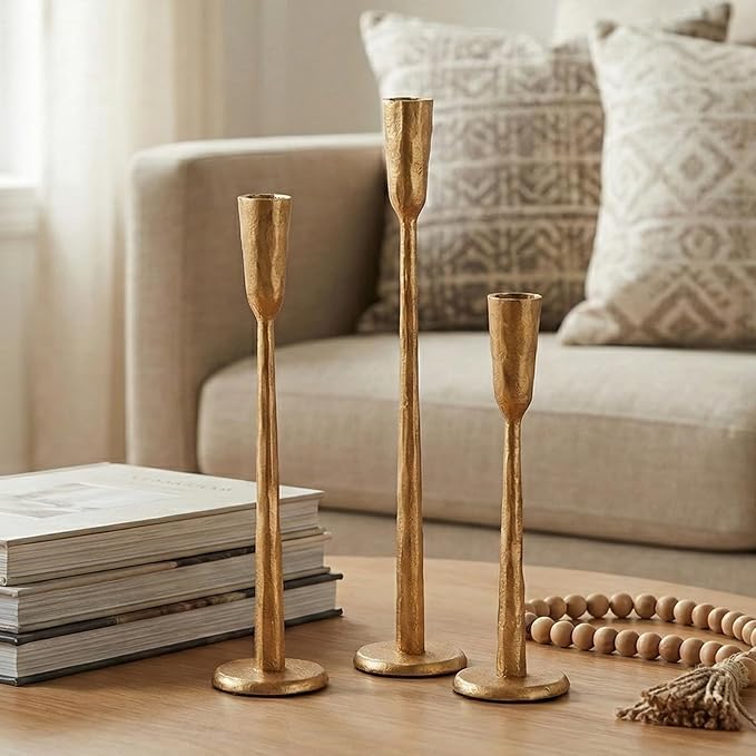 Gold Iron Taper Candle Holder Set of 3, Heavy Wrought Iron Candlestick Holders Decorative Candle Stand, Vintage Candle Holder for Wedding, Dining, Home Decoration