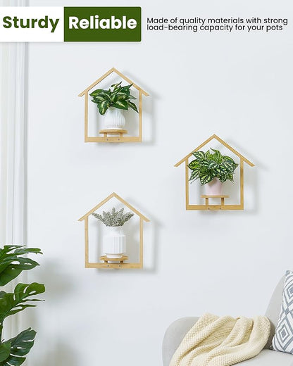 yadoker Wall Planters for Indoor Plants,Bamboo Hanging Plant Holders in a House Shape, Wall Decor Plant Stand, 3-Pack Window Plant Shelves for Living Room & Entryway