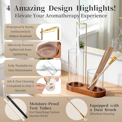 Norvy 2 in 1 Incense Holder for Sticks,Burner Holder with Storage Upside Down,Wooden Incense Burner with Glass Ash Catcher for Meditation Yoga Spa, Includes Ash Brush and 2 Storage Tubes