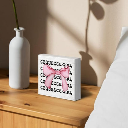Coquette Room Decor Wood Box Sign Desk Decor, Pink Trendy Bow Decor, Preppy Aesthetic Girly Wooden Block Sign Decorations for Girl College Dorm Bedroom Wall Tabletop Shelf Decor