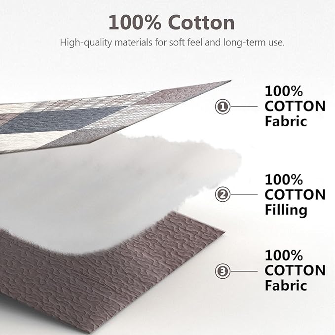 100% Cotton Quilts Queen Size, Queen Quilt Bedding Set Bedspread, Patchwork Plaid Quilt for Queen Bed, 3 Pieces Farmhouse Reversible Lightweight Comforter Bed Spread, Gray/Brown/Beige