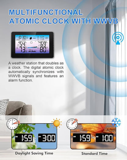 Weather Station Wireless Indoor Outdoor, Digital Thermometer with Accurate Temperature & Humidity, Large Color HD Display with Remote Sensor, Weather Forecast, Atomic Clock, Moon Phase