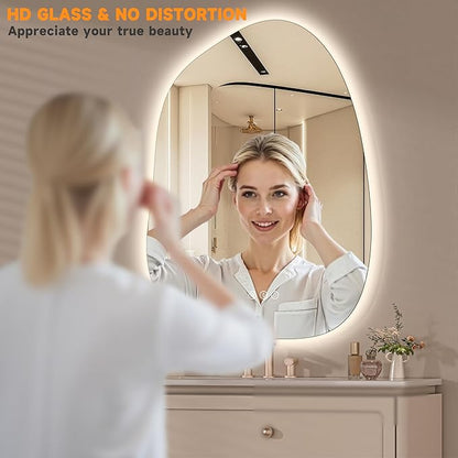 Hasipu Irregular Wall Mirror with Lights- 40"x30" Large Vanity Mirror with Anti-Fog, 3 Color Modes,Dimmable Light, Memory Function, Backlit Wall Mount, Horizontal/Vertical