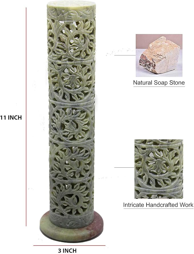 Carry Me Marble Soapstone Incense Stick Holder | Candle Burner | Tea Light Holder - Perfect Handmade Floral Carving for Gifting. Decorative Home and Office Decor.(3 x 3 x 11 Inches)