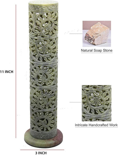 Carry Me Marble Soapstone Incense Stick Holder | Candle Burner | Tea Light Holder - Perfect Handmade Floral Carving for Gifting. Decorative Home and Office Decor.(3 x 3 x 11 Inches)