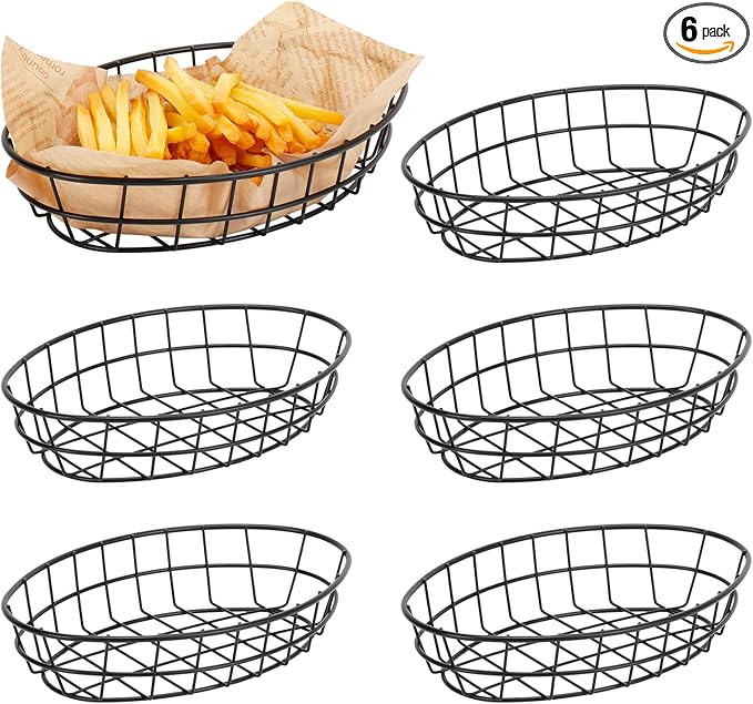6 Pack Metal Fast Food Oval Baskets, Wire Bread Basket for Serving, Reusable Chip Burger Fruit Vegetables Bowl Storage for Kitchen Table, Restaurants, Snack Bar, 9.5" x 6.3" x 2"
