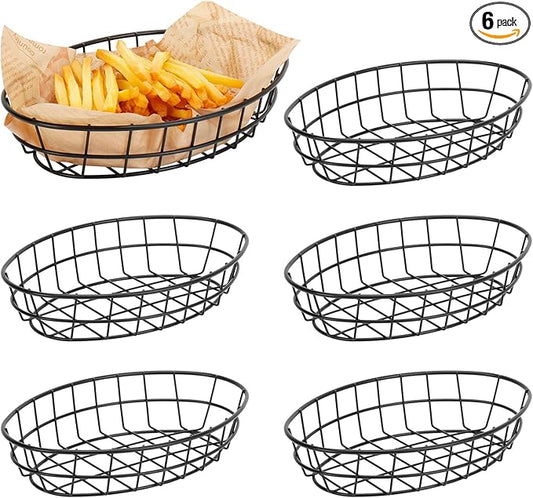 6 Pack Metal Fast Food Oval Baskets, Wire Bread Basket for Serving, Reusable Chip Burger Fruit Vegetables Bowl Storage for Kitchen Table, Restaurants, Snack Bar, 9.5" x 6.3" x 2"