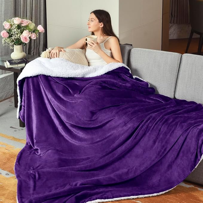 KAWAHOME Sherpa Fleece King Size Blanket for Bed - Extra Warm and Heavy Thick Blankets for Winter, Super Soft 500GSM Plush Blanket, 108" X 90" Purple