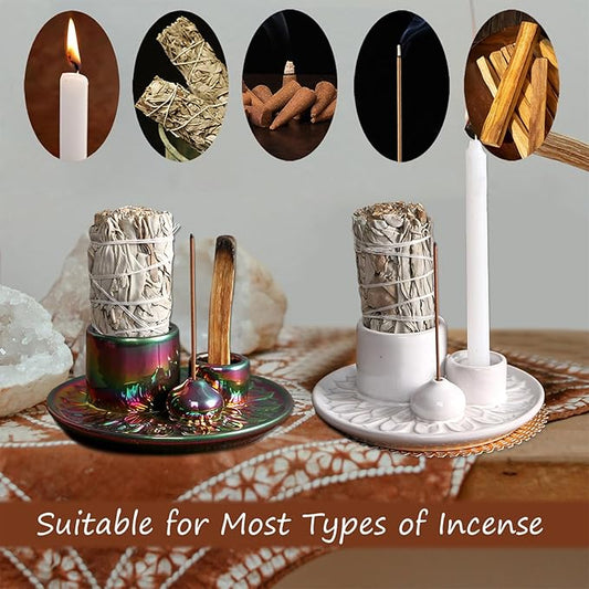 4 in 1 Multifunctional Ceramic Incense and Candle Holder with Ash Catcher Tray Suit for Burning White Sage, Palo Santo Sticks (Colorful)