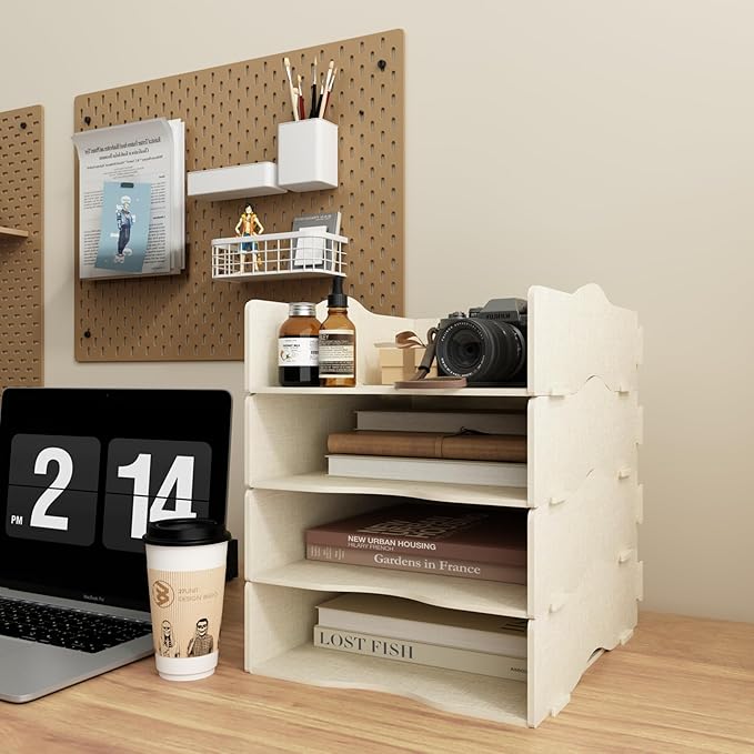 Desk Storage Compartments Stackable Letter Tray Wood for Storage Desk/Document/Paper, File Tray, A4 (Linen)