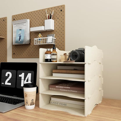 Desk Storage Compartments Stackable Letter Tray Wood for Storage Desk/Document/Paper, File Tray, A4 (Linen)