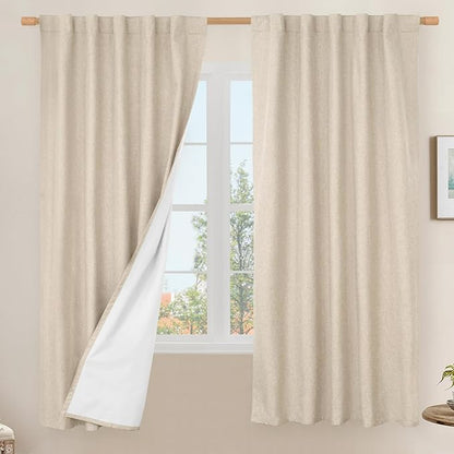LAMIT 100% Blackout Linen Curtains, 63 Inches Linen Textured Thermal Bedroom Curtains Back Tab and Rod Pocket Neutral Panels with White Liner for Short Windows, 2 Panels, Linen, 42 x 63 Inch