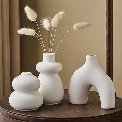 White Ceramic Vase Set of 3 Small Flower Vases for Home Decor, Modern BohoVase for Pampas Grass, Round Decorative Vases Table Centerpieces for Wedding Living Room Shelf Coffee Table (White Vase - B)
