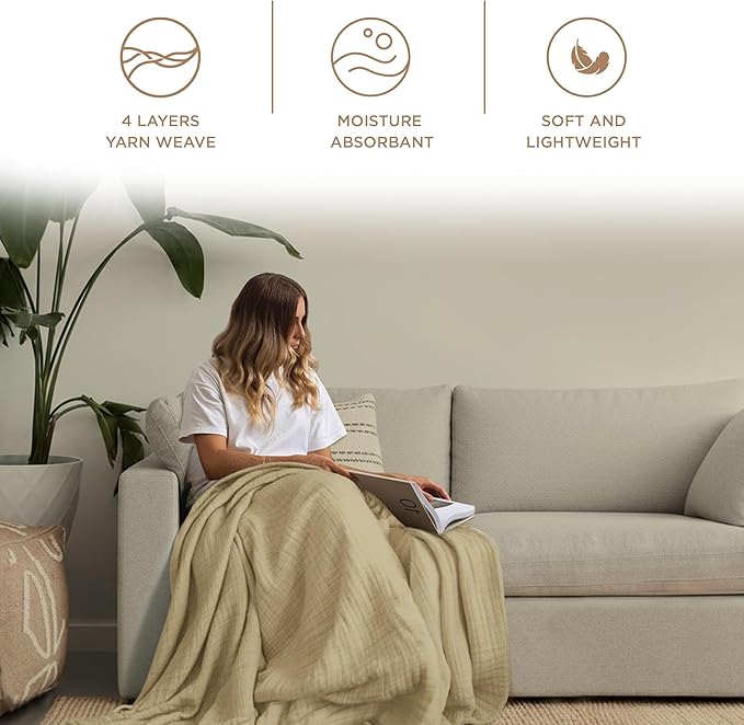 Threadmill Muslin Throw Blanket | 4 Layer 100% Cotton Gauze | Lightweight, Breathable, and Soft All Season Blanket | 50 x 65 Cozy Throw for Sofa, Couch & Bed | Beige