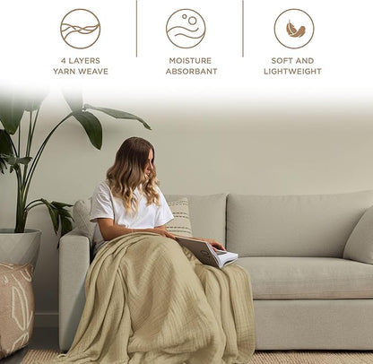 Threadmill Muslin Throw Blanket | 4 Layer 100% Cotton Gauze | Lightweight, Breathable, and Soft All Season Blanket | 50 x 65 Cozy Throw for Sofa, Couch & Bed | Beige