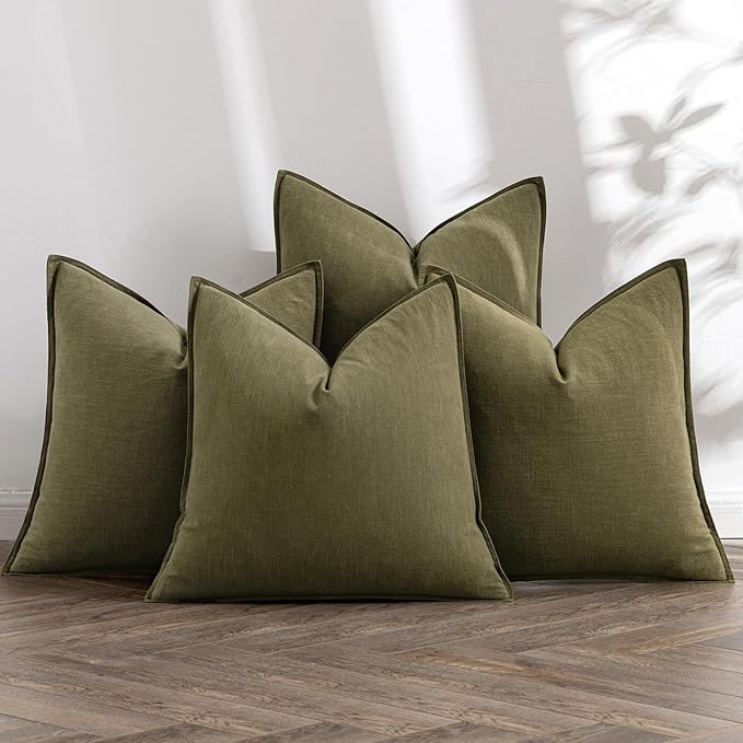 MIULEE Olive Green Linen Pillow Covers Pack of 4 Decorative Natural Solid Throw Pillow Covers Soft Accent Boho Farmhouse Couch Pillowcases Modern Spring Decors for Living Room Bed Sofa 18x18 Inch