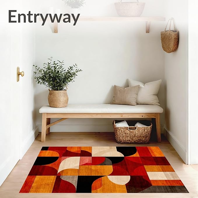 Flatwoven High Traffic Area Rug 8x10, Ember Abstract Geometric Shape Throw Indoor Floor, Non Slip, Stain Resistant, Washable Area Rugs for Living Room, Bedroom (Orange, 8x10)