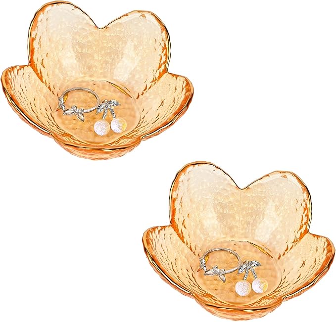 Koythin 2-Piece Glass Jewelry Tray, Small Trinket Holder for Necklace Bracelet Earring, Ring Holder for Bathroom, Aesthetic Trinket Dish, Flower Nightstand Decor for Girl Mom Women (Amber)