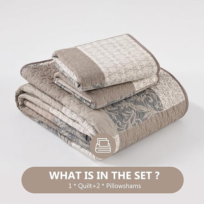 100% Cotton Quilt Set Queen Size - Plaid Quilted Comforter, Patchwork Botanical Queen Quilt Bedspread, Modern Farmhouse Lightweight Bedding for Queen Bed, 3pcs, Brown/Beige/Khaki