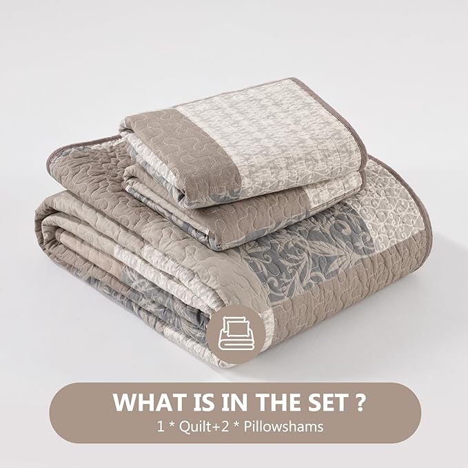 100% Cotton Quilt Set King Size - Plaid Quilted Comforter, Patchwork Botanical King Quilt Bedspread, Modern Farmhouse Lightweight Bedding for King Bed, 3pcs, Brown/Beige/Khaki