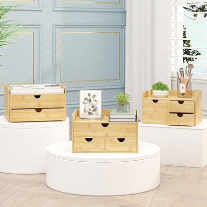 Desk Organizer with Drawers - Bamboo Desktop Organizer Storage | Wood Desk Drawers Organizer for Bills, Office Supplies, Cosmetics, Seals No Assembly Required (3 Drawer with Big Drawer)
