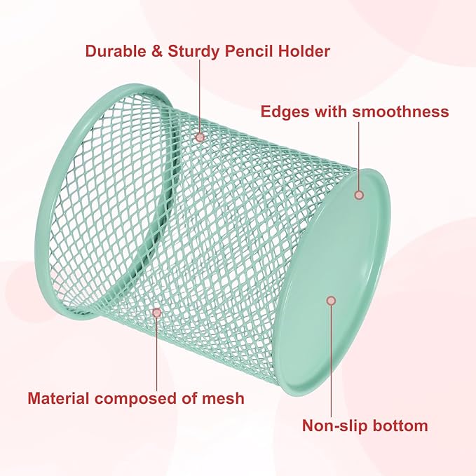 uxcell 2Pcs Mesh Pencil Holder, Metal Pen Cup Desk Organizer Makeup Brush Cup Holder for Home, Office, Classroom(Light Green)