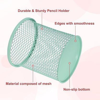 uxcell 2Pcs Mesh Pencil Holder, Metal Pen Cup Desk Organizer Makeup Brush Cup Holder for Home, Office, Classroom(Light Green)