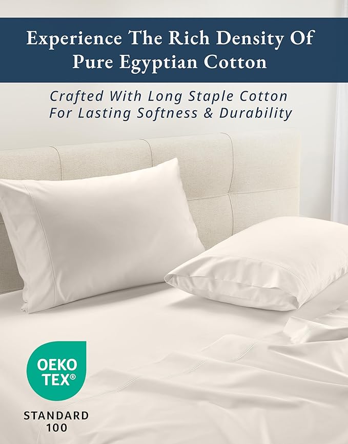 LANE LINEN 100% Egyptian Cotton King Size Bed Sheets, Machine Washable Naturally Temperature regulating Sustaibable No Pill Fade Resistant King Size Sheets Set Cotton - Sea Salt