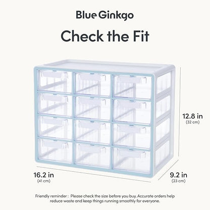 Blue Ginkgo Large 12-Drawer Cabinet – Stackable Clear Organizer for Hardware, Beads, Plastic Bricks, Office, and Craft Storage (Made in Korea, Blue)