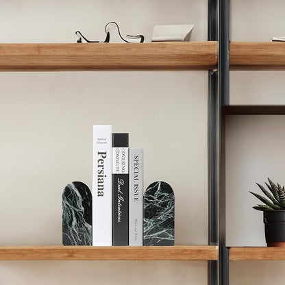Koville Italian Natural Marble Bookends for Shelves, Decorative Book Ends, 7lbs Heavy-Duty Marble Book Holders, Bookshelf Apartment Decor for Normal Books/CD/Video Games(Verde Remeggiato)