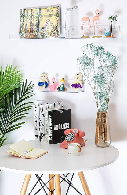Sooyee Acrylic Shelves,2 Pack 15 Inch Floating Wall Shelves, Funko Pop Display Shelf,Invisible Kids Book Shelf,Picture Ledge Shelf Decor, Bathroom Wall Shelves,Clear