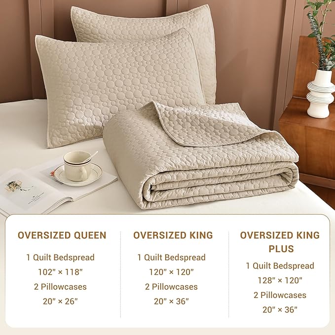 Sanracie Oversized Cotton King Quilt 128"*120" for Extra Bed,3Pcs Linen Colored California King Quilt Sets Oversized Circular Quilting Super Large Wide Cal King Coverlet Thin Comforter Ultra Soft