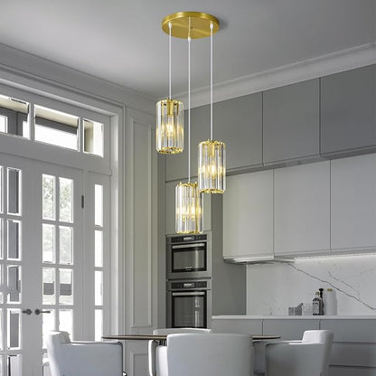 Gold Pendant Lighting Modern Pendant Light, Mini Crystal Chandeliers,Adjustable Pendant Light Fixture for Kitchen Island Dinning Room Corridor Bedroom(Gold 3-Light)