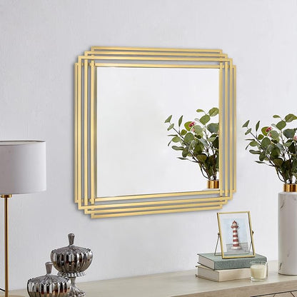 Gold Square Mirrors, 24"x24" Geometric Art Deco Mirror with Metal Frame, Bathroom Vanity Mirrors for Over Sink, Modern Elegant Wall Mirrors for Living Room Bedroom Entryway Fireplace