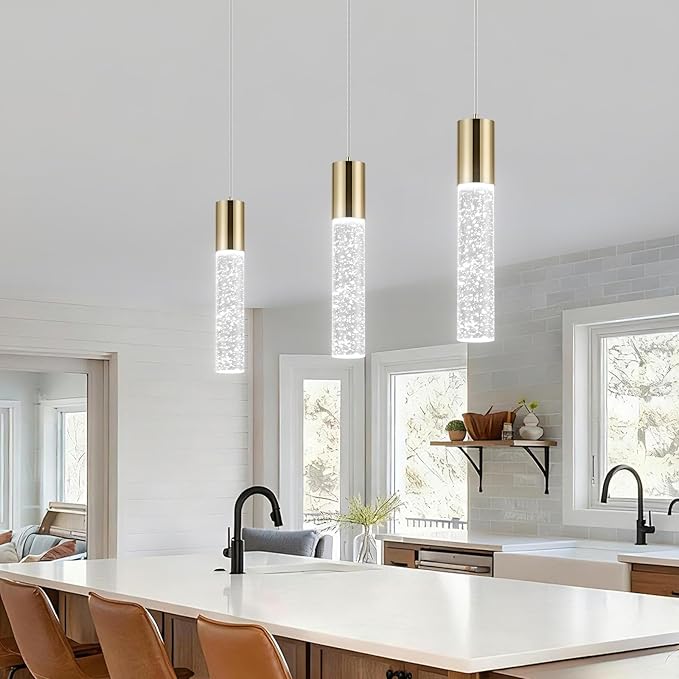 OKELI Modern Pendant Light,3 Color LED Bubble Crystal Island Light Fixtures,Gold Mini 3CCT Pendant Lighting for Kitchen Island,Bar,6W,3000-6000K,ETL(3 Pack