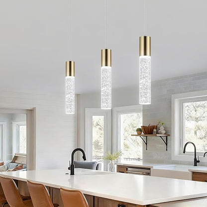 OKELI Modern Pendant Light,3 Color LED Bubble Crystal Island Light Fixtures,Gold Mini 3CCT Pendant Lighting for Kitchen Island,Bar,6W,3000-6000K,ETL(3 Pack