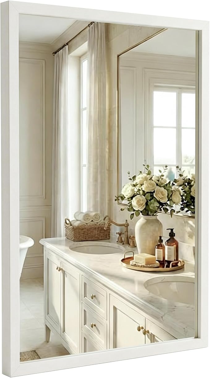 24" x 36" Cream White Wall Mirror for Decor, Modern Minimalist Bedroom Mirror, Soft Textured Waterproof Vanity Mirror for Powder Room & Nursery, Standard Trim