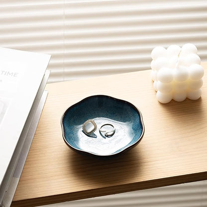 Ceramic Ring Dish Flower Jewelry Holder Dish Cute Jewelry Dish Tray Trinket Dish Small Decorative Tray Key Bowl Room Decor Aesthetic for Mom Best Friend Sister (blue)