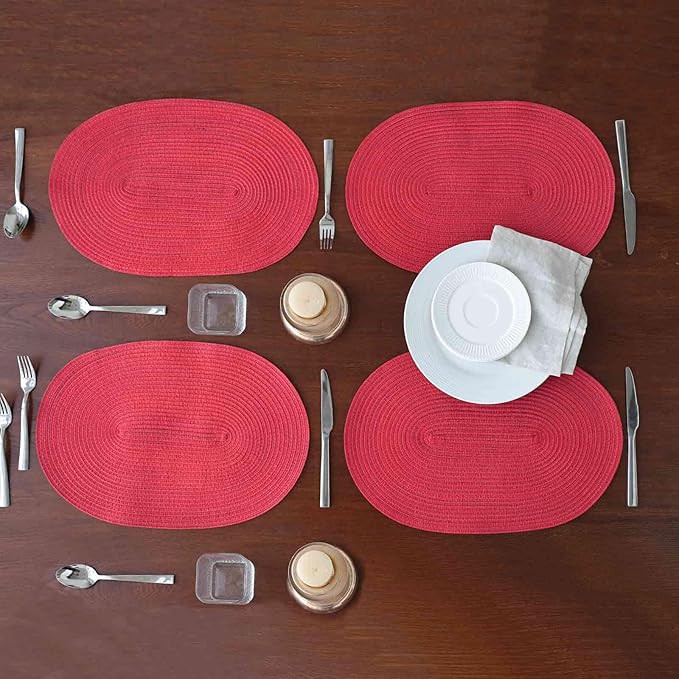 Noctiflorous Oval Braided Placemats Set of 4 Woven 12x18 Inch Non Slip Washable Heat Resistant Place Mats Round Tablemats for Dining Kitchen Party Daily Table Decor Dinner Mats (Red, 4)